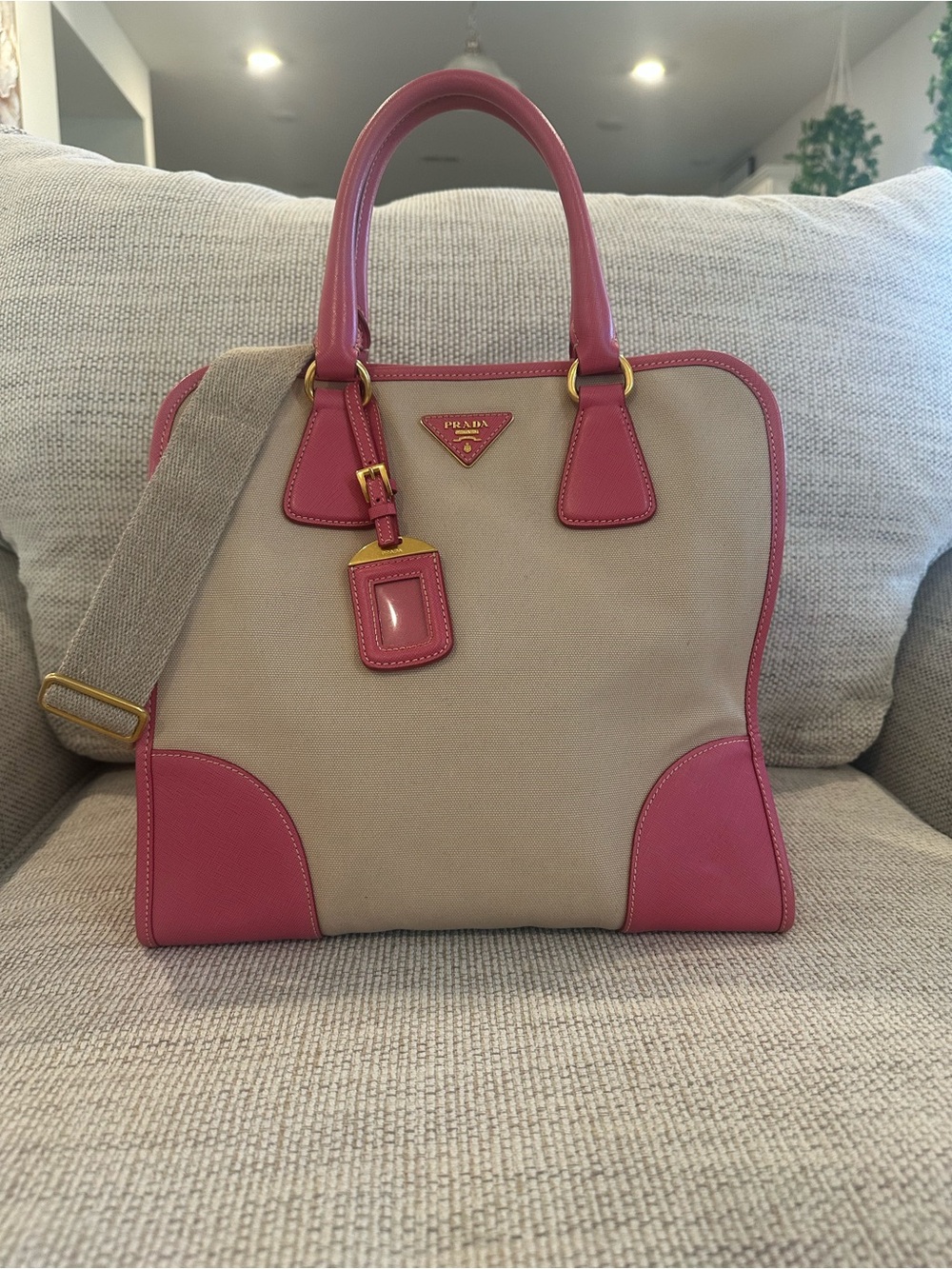 Prada Beige And Pink Canvas And Leather Tote